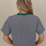 Jessie Contrast Neck Band Tee in navy and white stripes with a green neck band — Paper Doll

