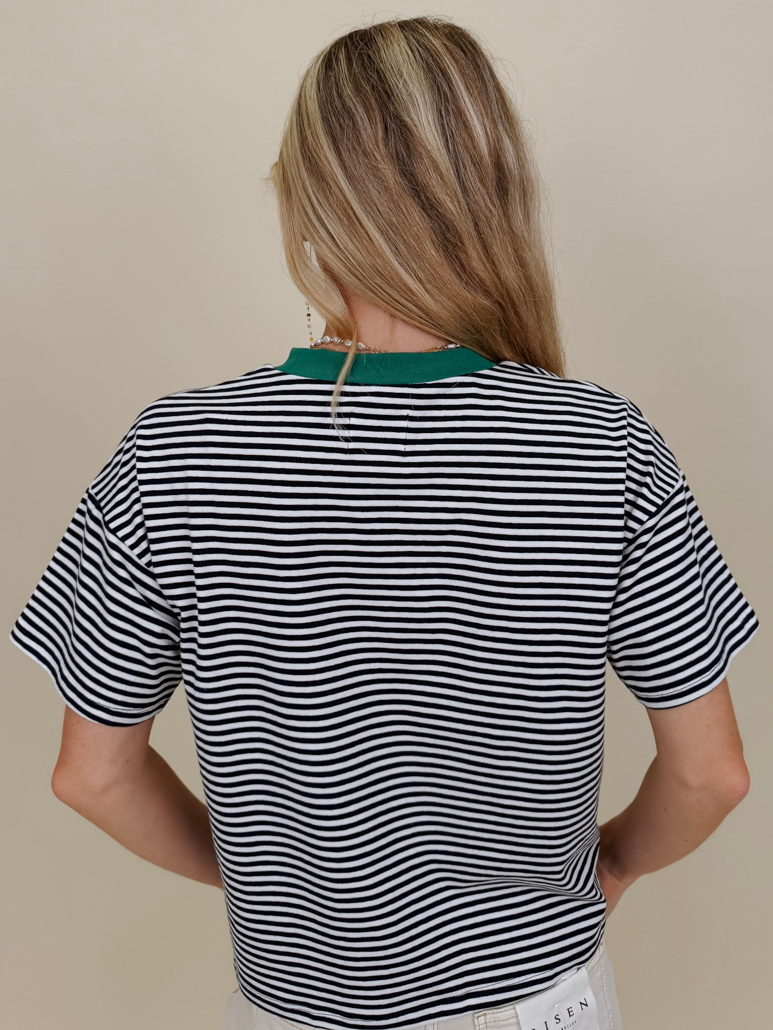 Jessie Contrast Neck Band Tee in navy and white stripes with a green neck band — Paper Doll
