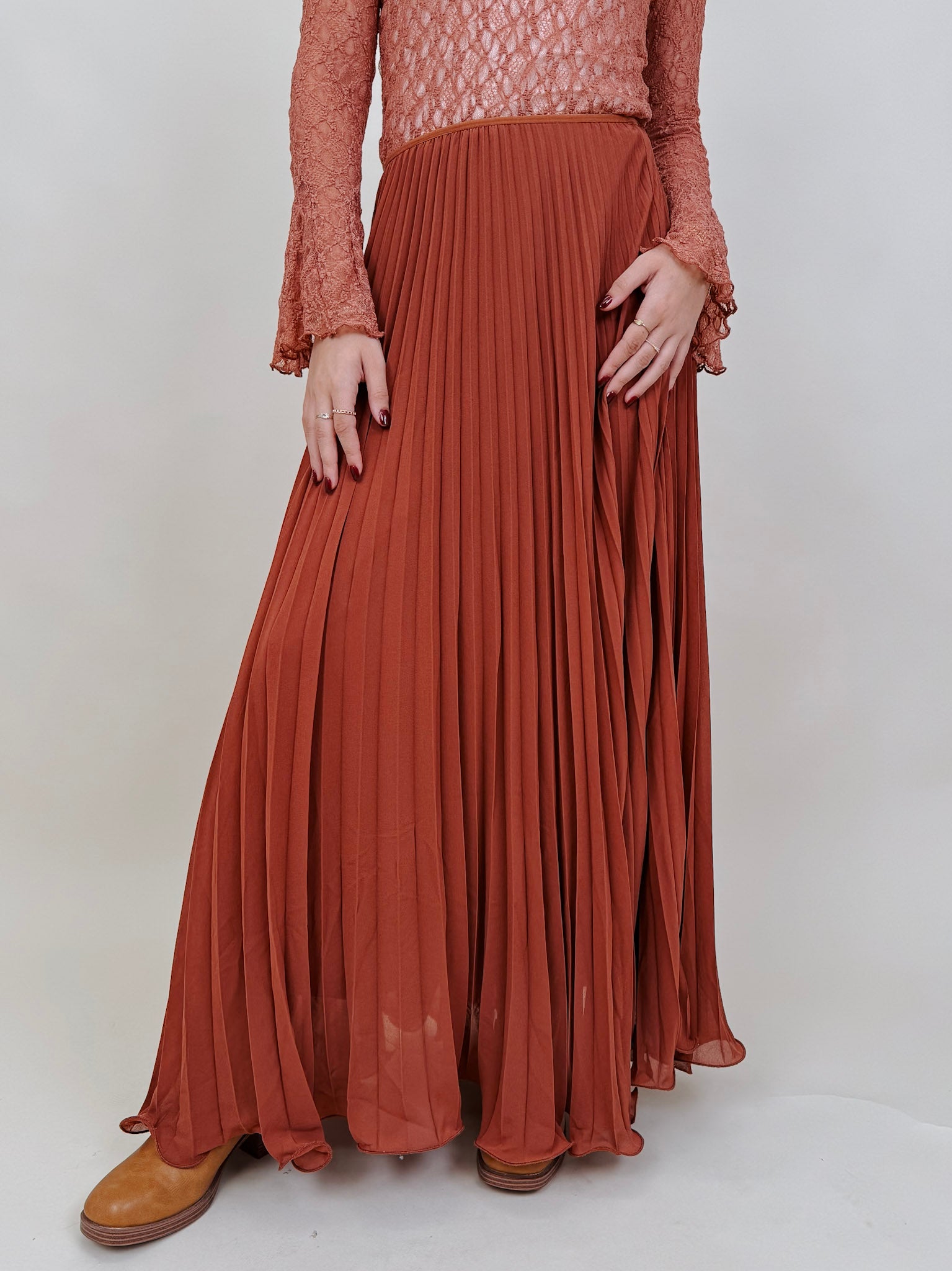 Flora Maxi Skirt in rust accordion pleated polyester — Paper Doll