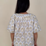 Palm Breeze Blouse in cream with olive and lavender palm tree print and puff sleeves — Paper Doll