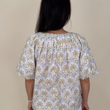 Palm Breeze Blouse in cream with olive and lavender palm tree print and puff sleeves — Paper Doll