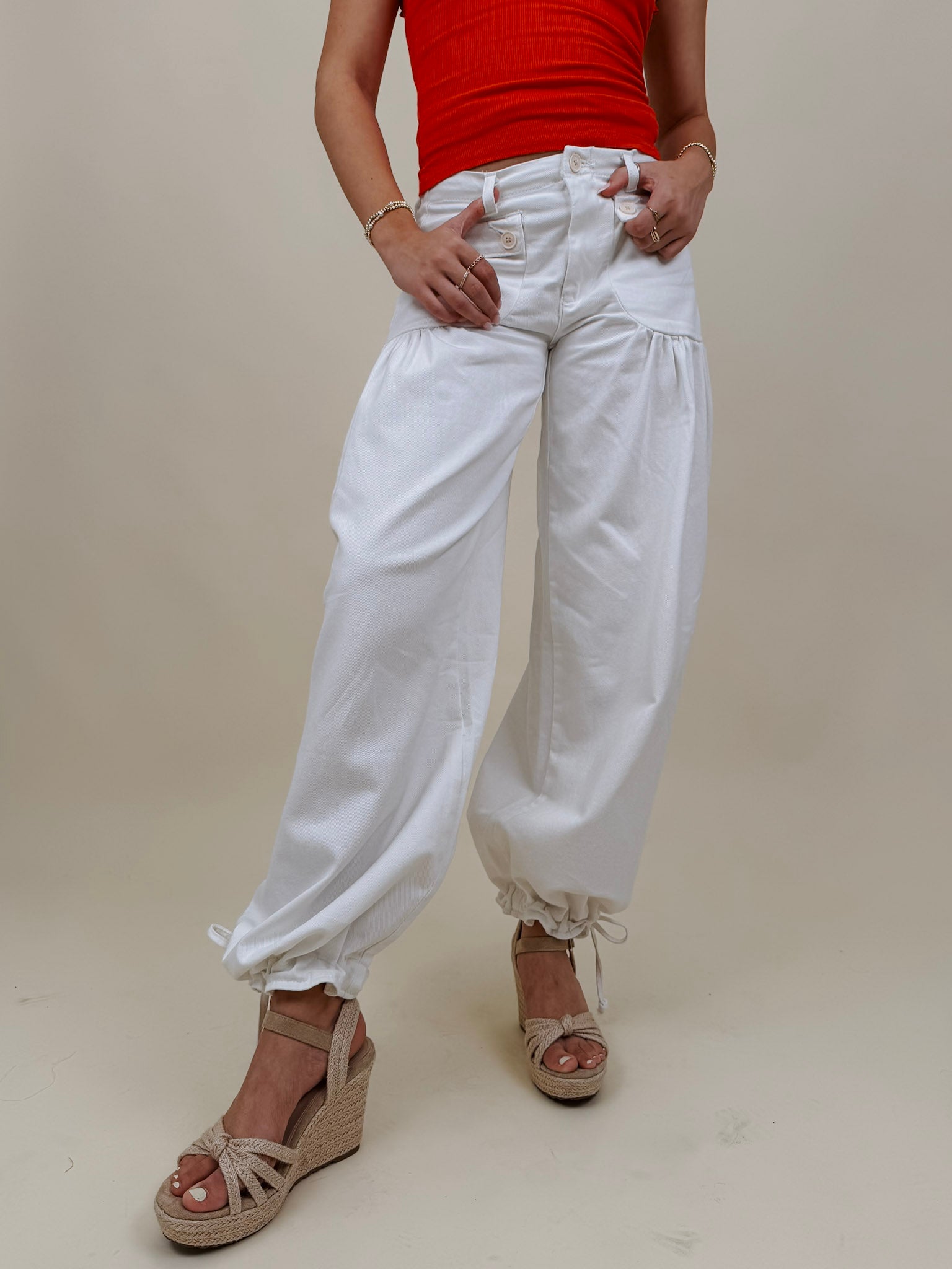 Lottie Boho Balloon Jean Pants in crisp white with cinch-tie balloon hem — Paper Doll
