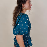 Pretty Girl Blouse in teal cotton with cream polka dots and puff sleeves — Paper Doll