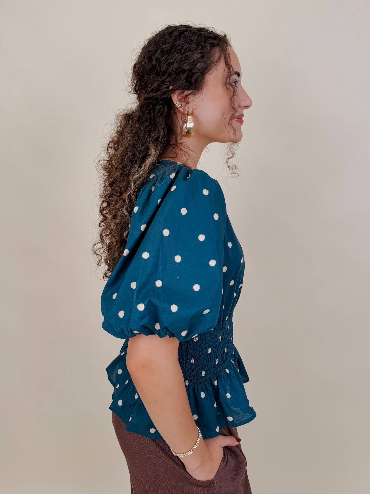 Pretty Girl Blouse in teal cotton with cream polka dots and puff sleeves — Paper Doll