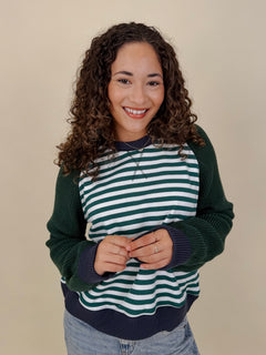 Paige Striped Sweater in green and white stripe with forest knit sleeves — Paper Doll