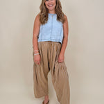 Zena Round Neck Top in light wash denim with a sleeveless cut and keyhole back — Paper Doll