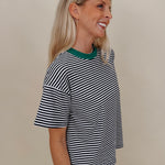 Jessie Contrast Neck Band Tee in navy and white stripes with a green neck band — Paper Doll
