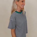 Jessie Contrast Neck Band Tee in navy and white stripes with a green neck band — Paper Doll
