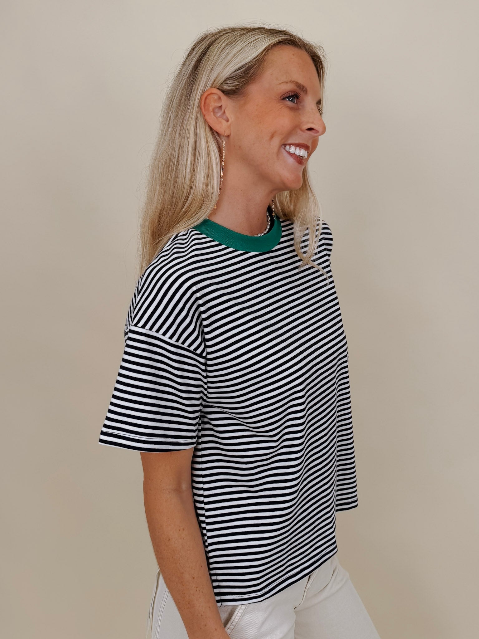 Jessie Contrast Neck Band Tee in navy and white stripes with a green neck band — Paper Doll
