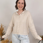 Heartstrings Tugged Striped Cardigan in oatmeal and cream stripes with a button front — Paper Doll
