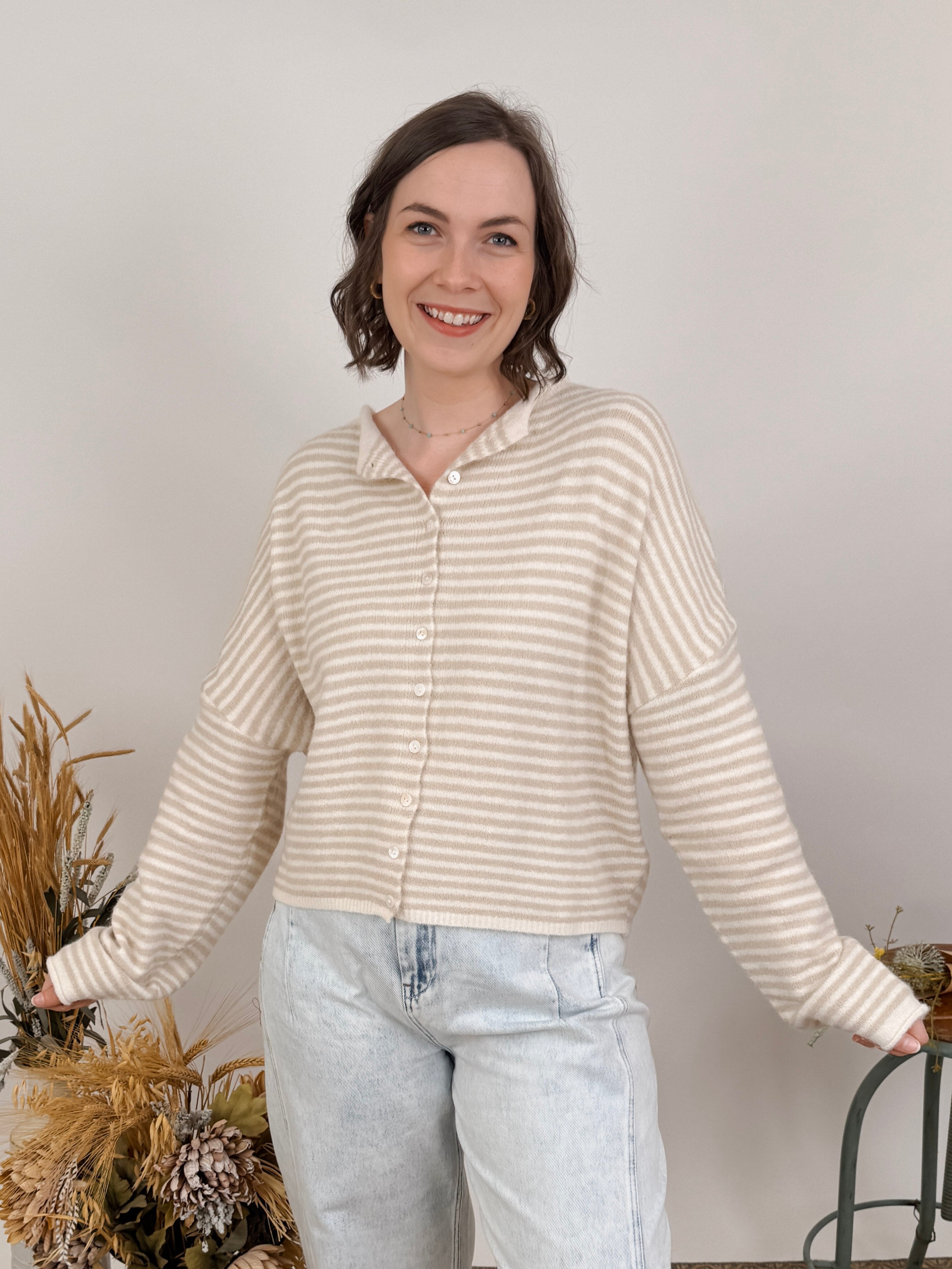 Heartstrings Tugged Striped Cardigan in oatmeal and cream stripes with a button front — Paper Doll
