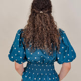 Pretty Girl Blouse in teal cotton with cream polka dots and puff sleeves — Paper Doll