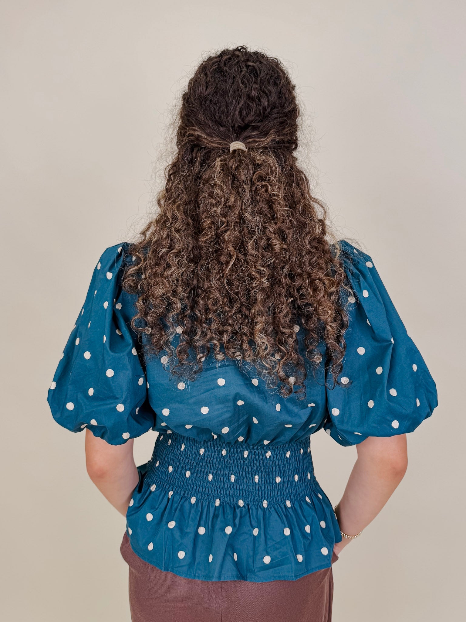 Pretty Girl Blouse in teal cotton with cream polka dots and puff sleeves — Paper Doll