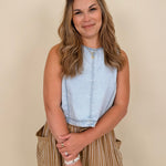 Zena Round Neck Top in light wash denim with a sleeveless cut and keyhole back — Paper Doll