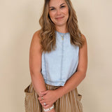Zena Round Neck Top in light wash denim with a sleeveless cut and keyhole back — Paper Doll