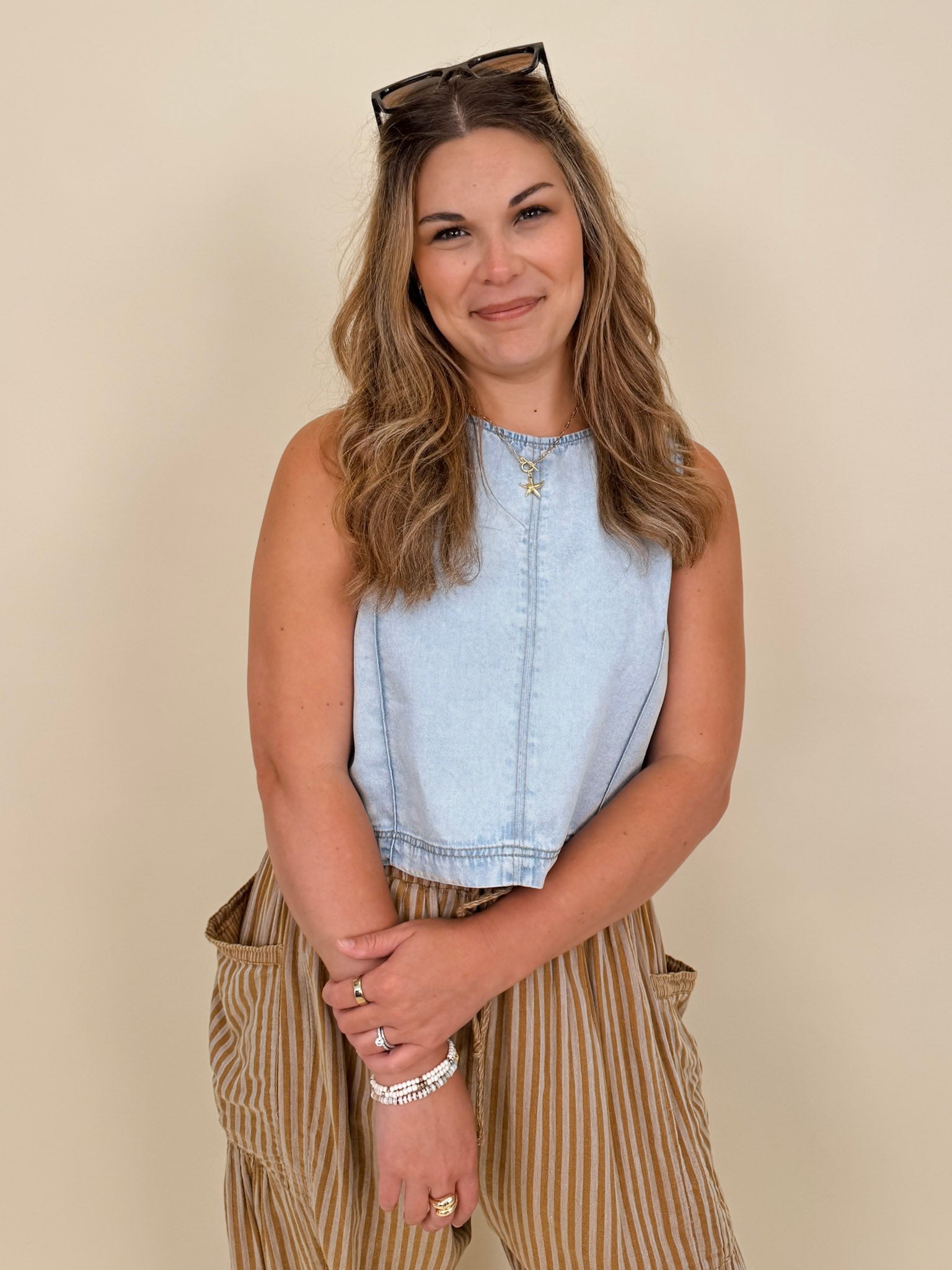 Zena Round Neck Top in light wash denim with a sleeveless cut and keyhole back — Paper Doll
