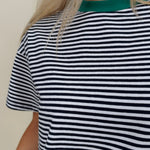 Jessie Contrast Neck Band Tee in navy and white stripes with a green neck band — Paper Doll
