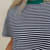 Jessie Contrast Neck Band Tee in navy and white stripes with a green neck band — Paper Doll
