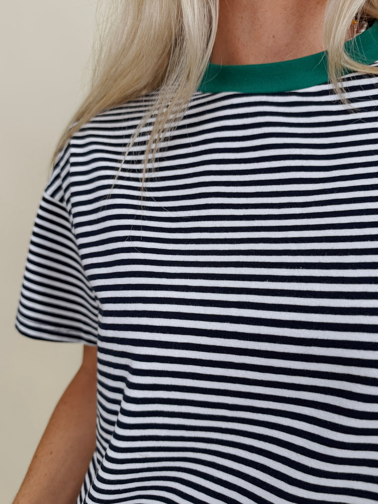 Jessie Contrast Neck Band Tee in navy and white stripes with a green neck band — Paper Doll
