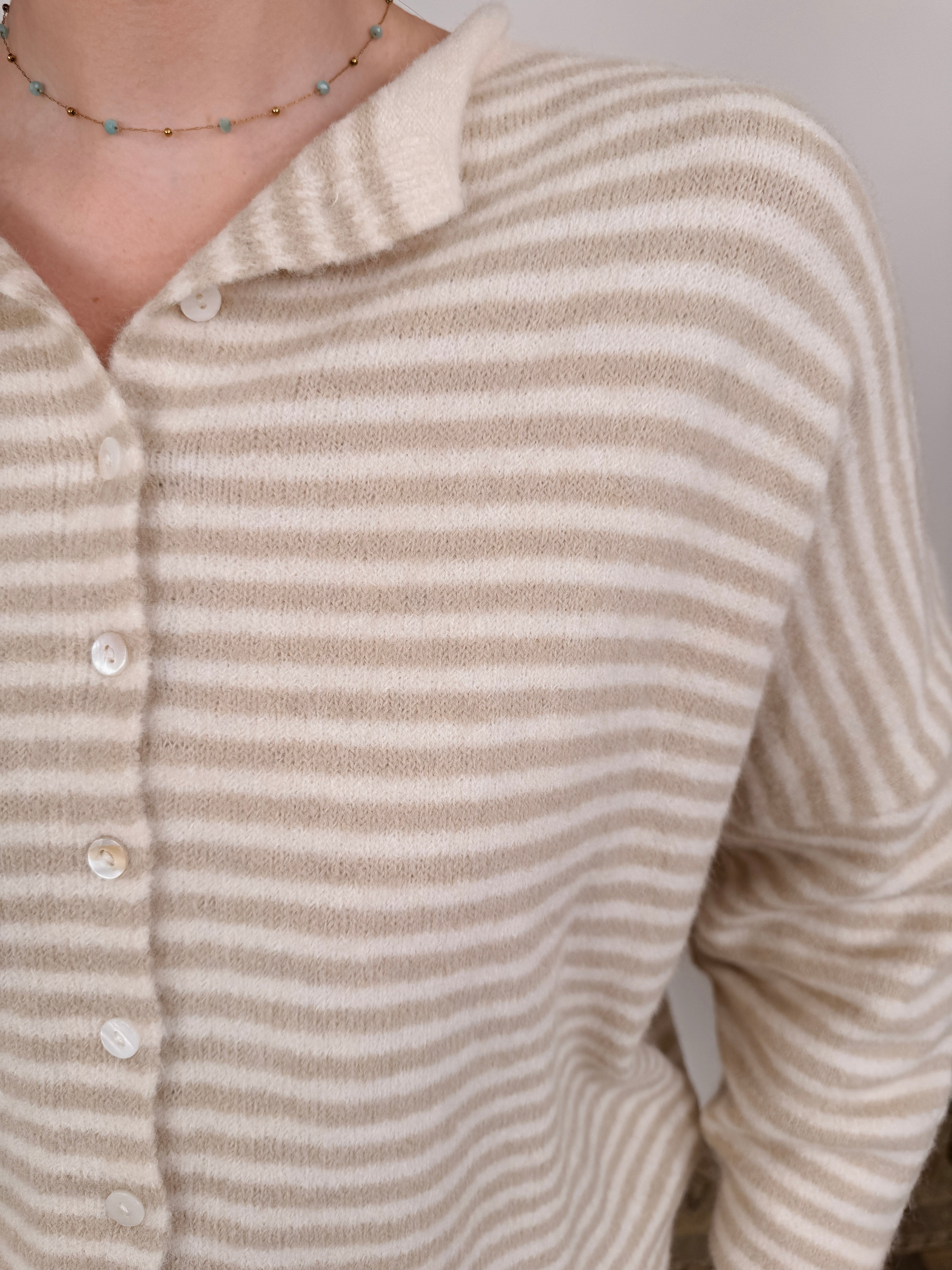 Heartstrings Tugged Striped Cardigan in oatmeal and cream stripes with a button front — Paper Doll
