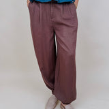 Penny For Your Thoughts Pant in cocoa brown twill with pleated front and smocked ankle cuff — Paper Doll