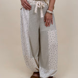 Maxie Pant in sage and cream patchwork with crochet lace tie waist — Paper Doll
