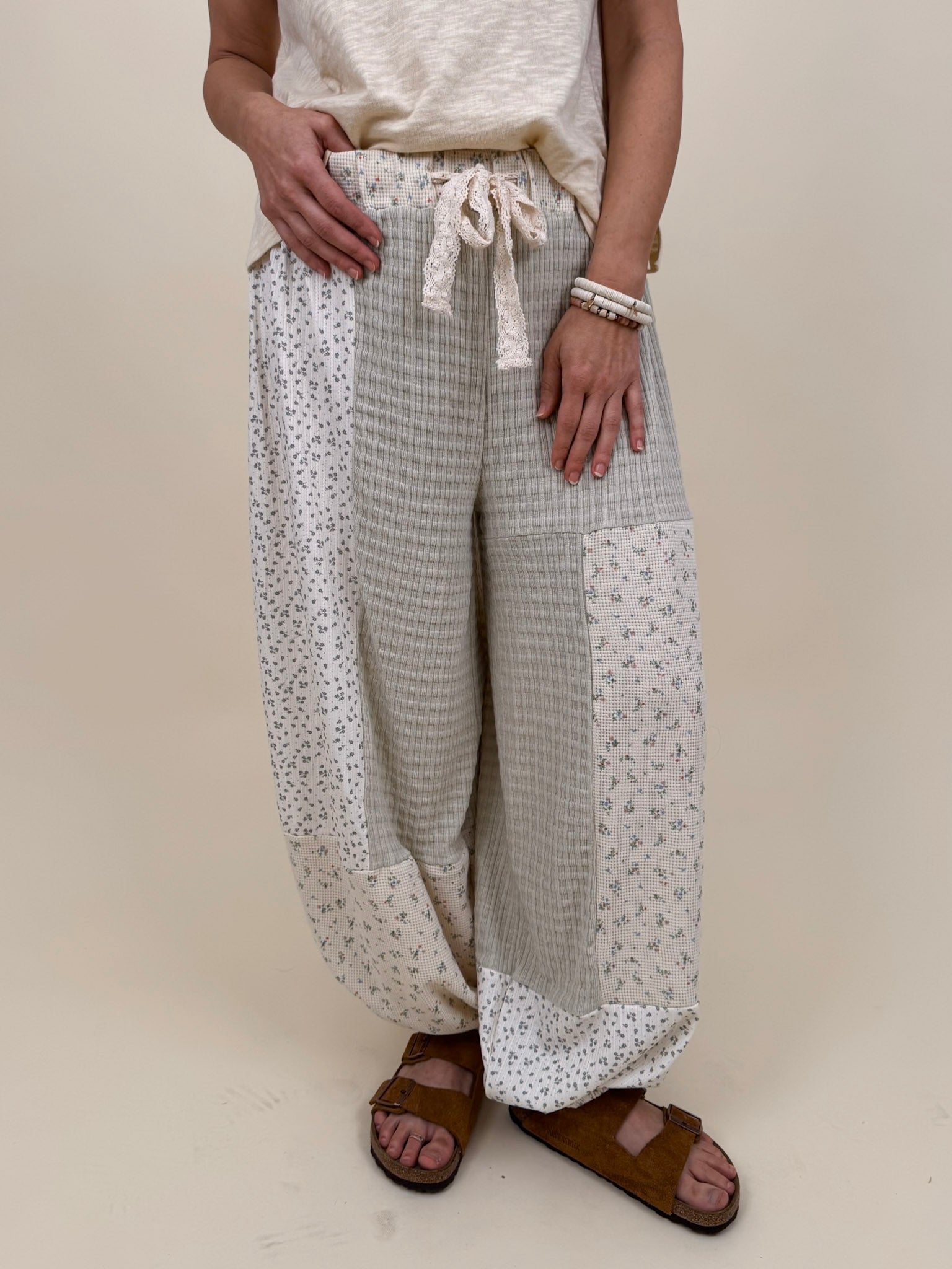 Maxie Pant in sage and cream patchwork with crochet lace tie waist — Paper Doll