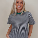 Jessie Contrast Neck Band Tee in navy and white stripes with a green neck band — Paper Doll
