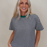 Jessie Contrast Neck Band Tee in navy and white stripes with a green neck band — Paper Doll
