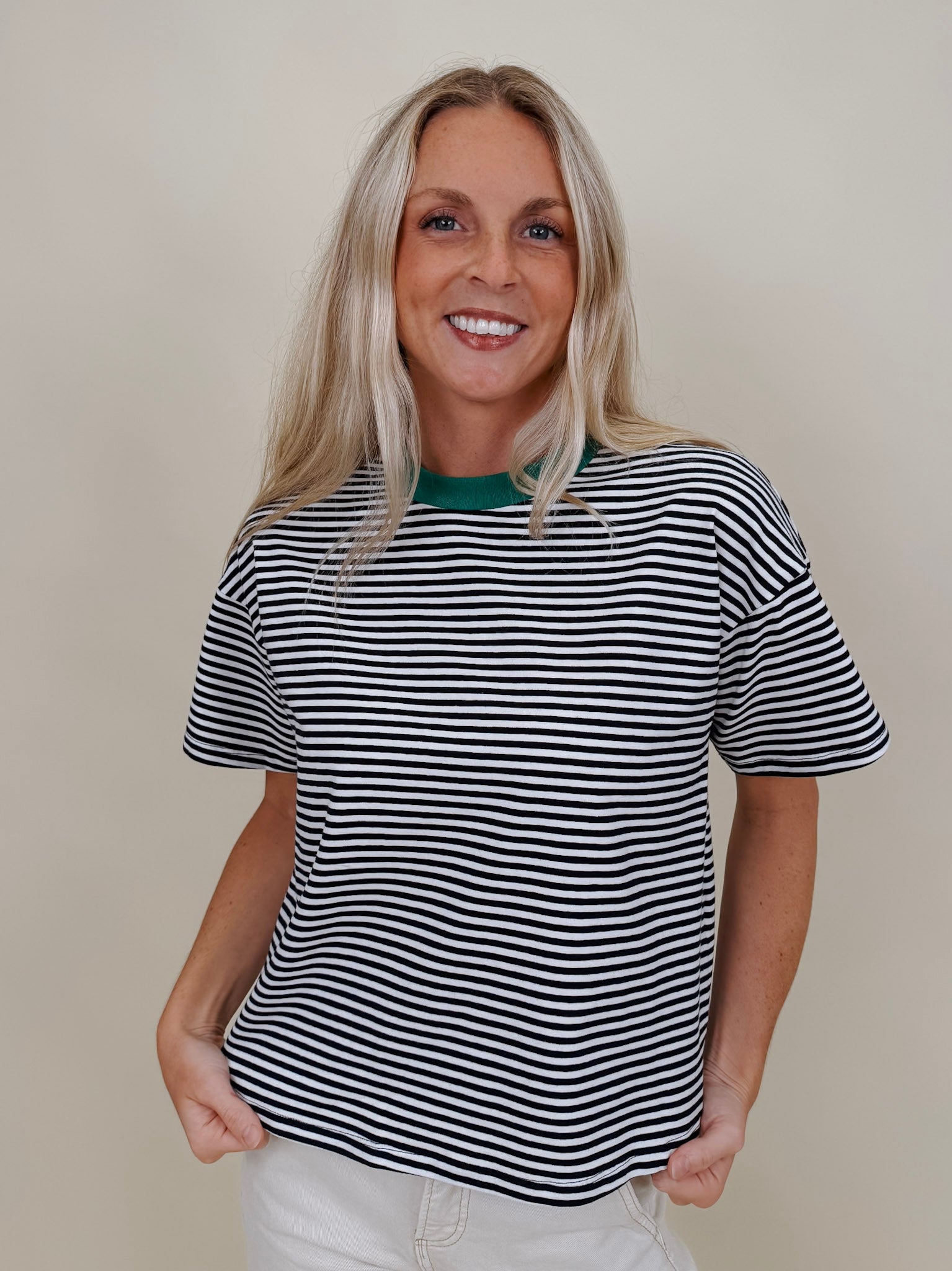 Jessie Contrast Neck Band Tee in navy and white stripes with a green neck band — Paper Doll

