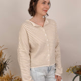 Heartstrings Tugged Striped Cardigan in oatmeal and cream stripes with a button front — Paper Doll
