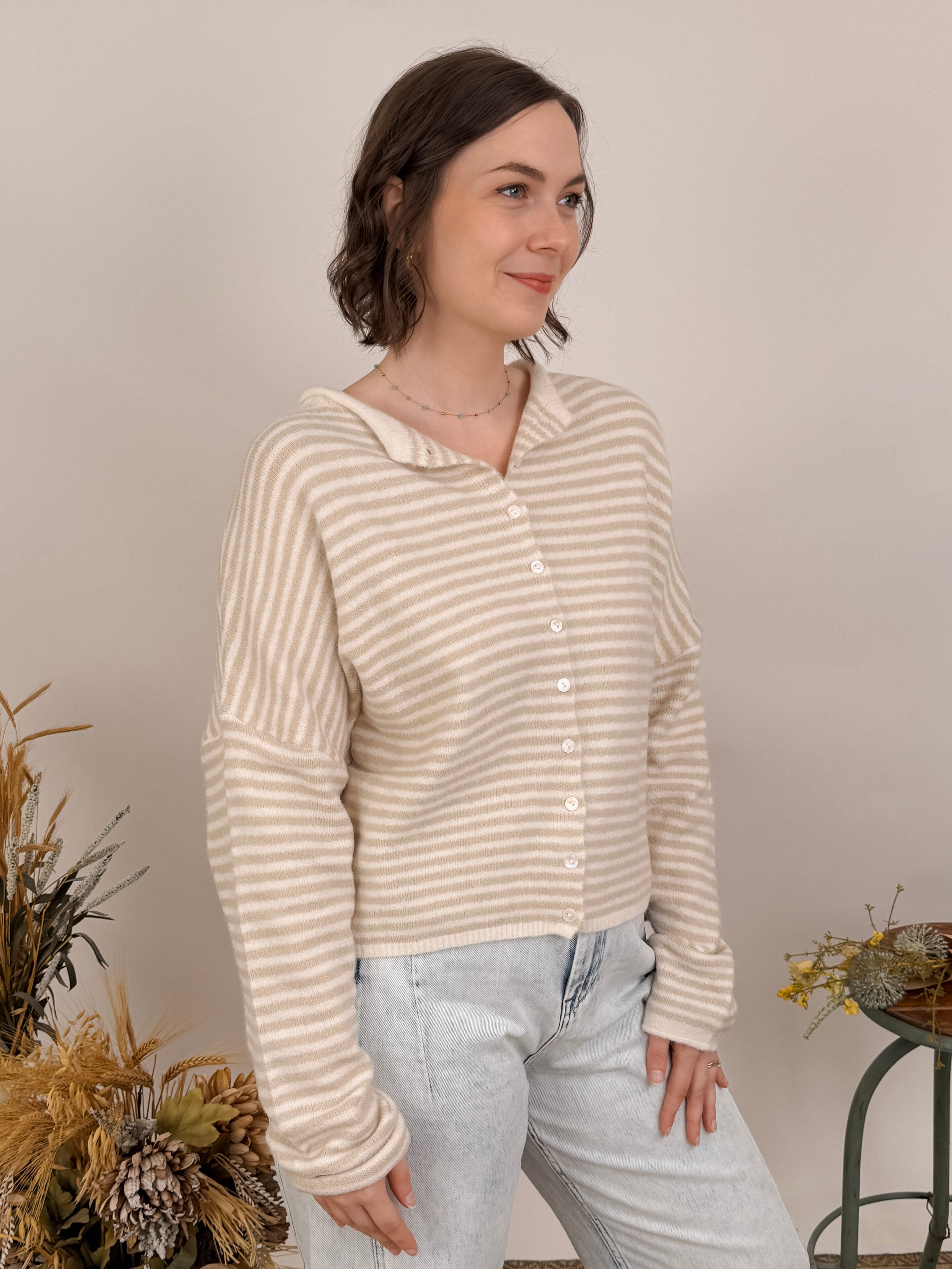 Heartstrings Tugged Striped Cardigan in oatmeal and cream stripes with a button front — Paper Doll
