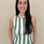 Alice Striped Open Back Top in sage green and white vertical stripes — Paper Doll

