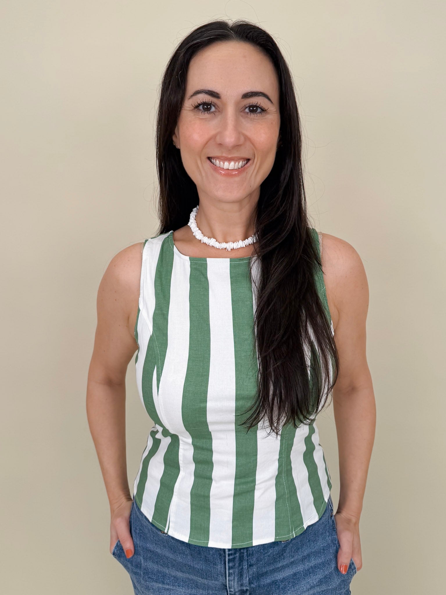 Alice Striped Open Back Top in sage green and white vertical stripes — Paper Doll
