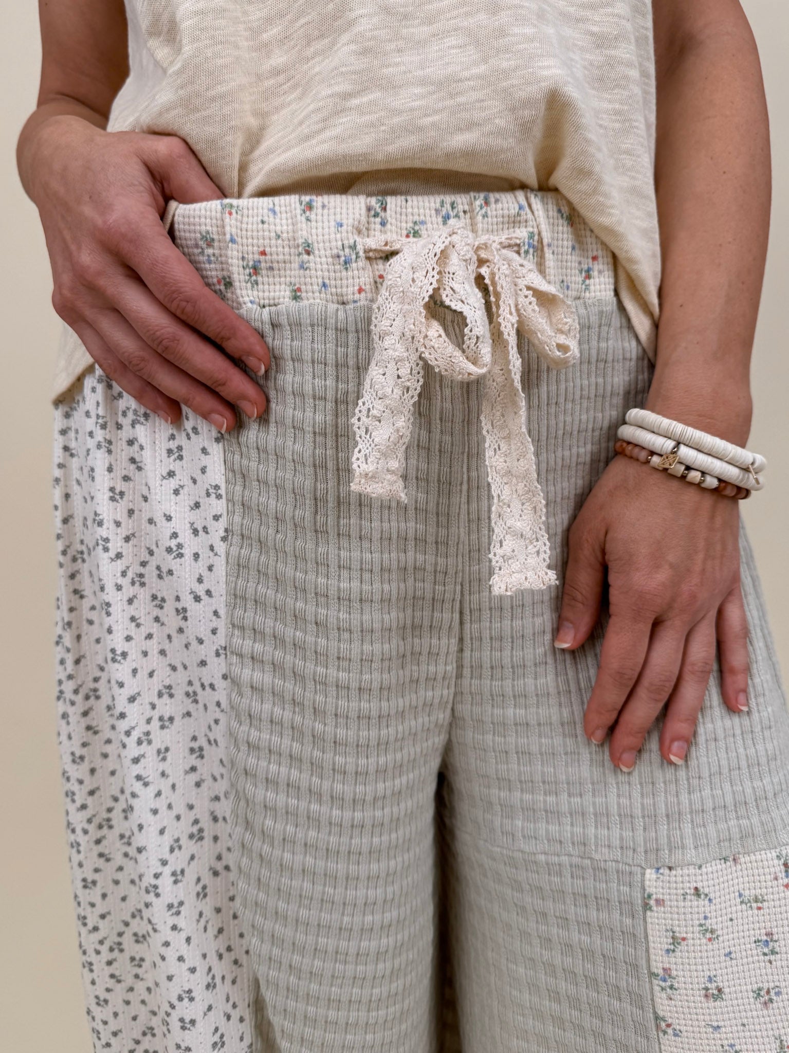 Maxie Pant in sage and cream patchwork with crochet lace tie waist — Paper Doll