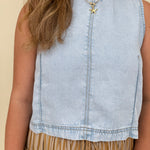 Zena Round Neck Top in light wash denim with a sleeveless cut and keyhole back — Paper Doll