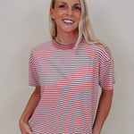 Jessie Contrast Neck Band Tee in blush and white stripes with a blush neck band — Paper Doll
