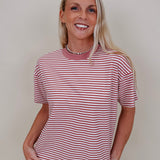 Jessie Contrast Neck Band Tee in blush and white stripes with a blush neck band — Paper Doll
