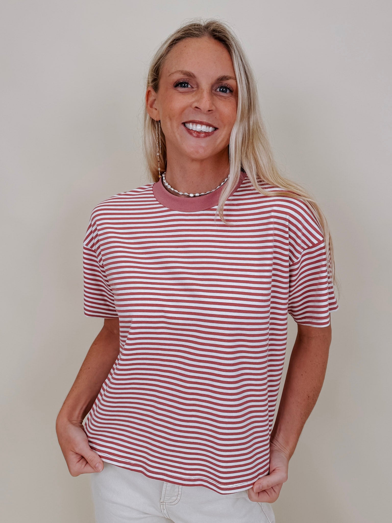 Jessie Contrast Neck Band Tee in blush and white stripes with a blush neck band — Paper Doll
