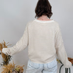 Heartstrings Tugged Striped Cardigan in oatmeal and cream stripes with a button front — Paper Doll
