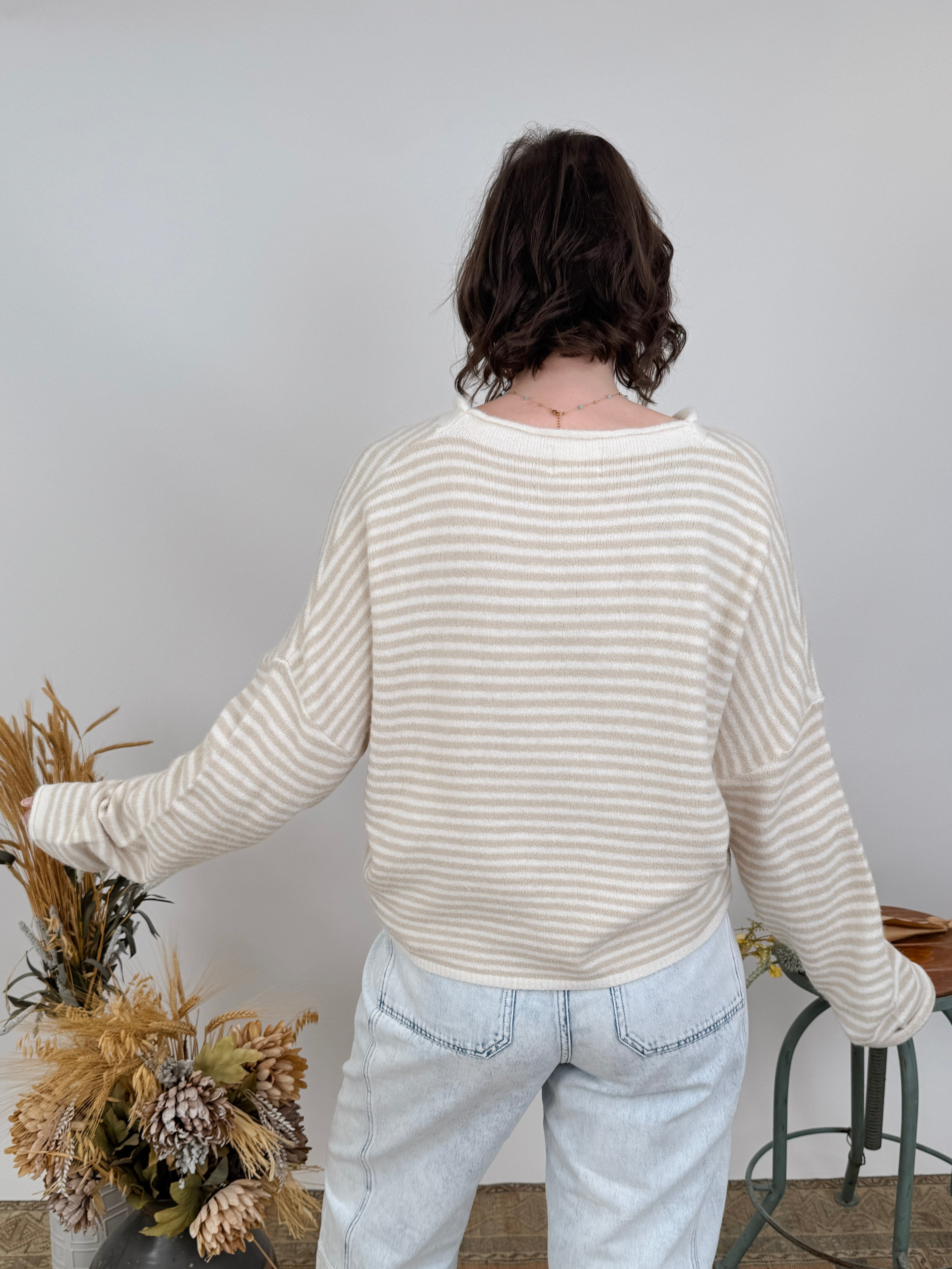 Heartstrings Tugged Striped Cardigan in oatmeal and cream stripes with a button front — Paper Doll

