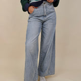 Emery Wide Leg Jeans in vintage light wash denim with patch back pockets — Paper Doll
