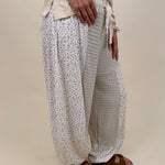 Maxie Pant in sage and cream patchwork with crochet lace tie waist — Paper Doll