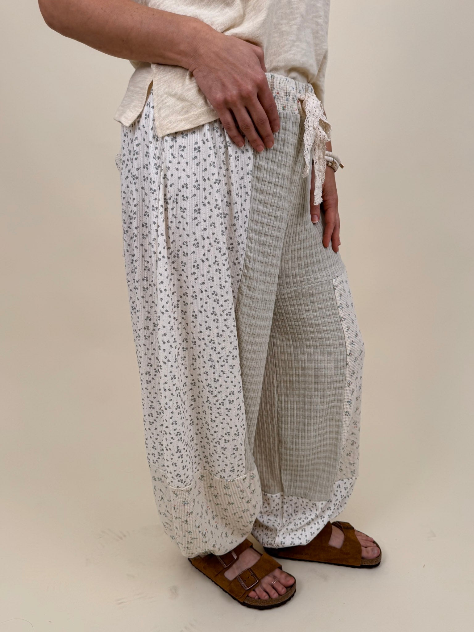 Maxie Pant in sage and cream patchwork with crochet lace tie waist — Paper Doll
