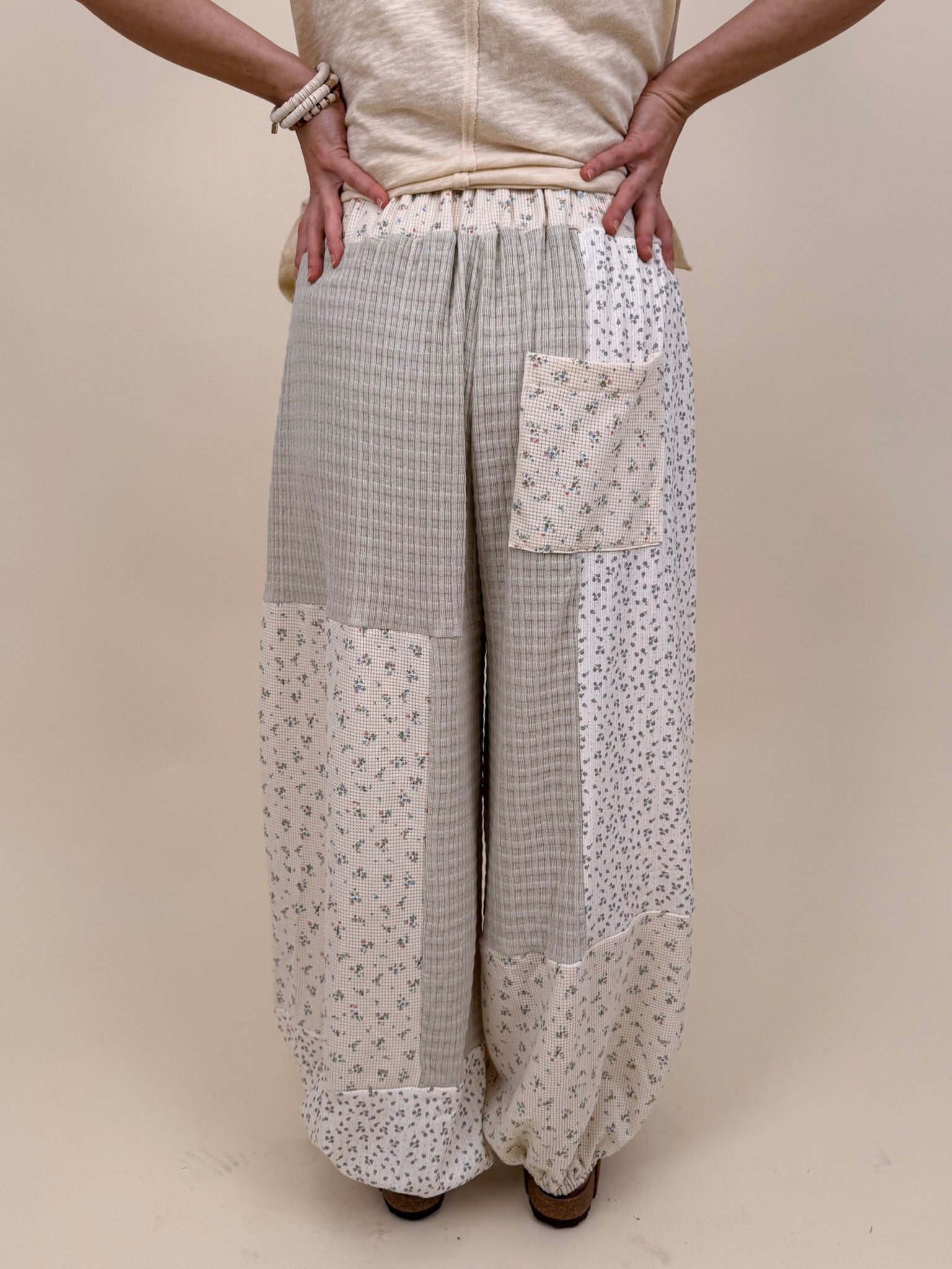 Maxie Pant in sage and cream patchwork with crochet lace tie waist — Paper Doll