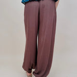 Penny For Your Thoughts Pant in cocoa brown twill with pleated front and smocked ankle cuff — Paper Doll