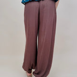 Penny For Your Thoughts Pant in cocoa brown twill with pleated front and smocked ankle cuff — Paper Doll
