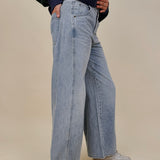Emery Wide Leg Jeans in vintage light wash denim with patch back pockets — Paper Doll