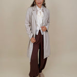 Heritage Belted Coat in oatmeal pinstripe knit with tie belt — Paper Doll