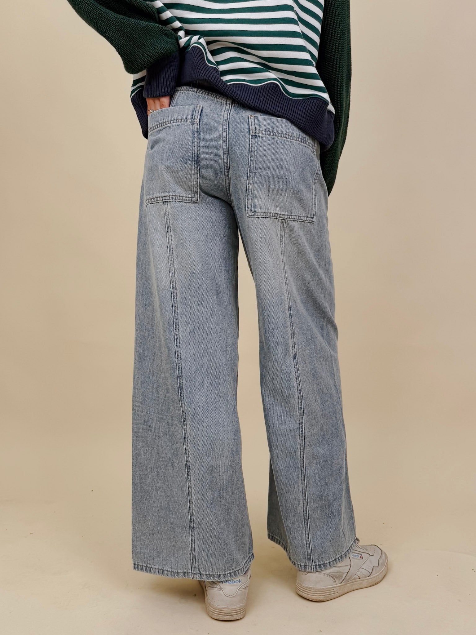 Emery Wide Leg Jeans in vintage light wash denim with patch back pockets — Paper Doll